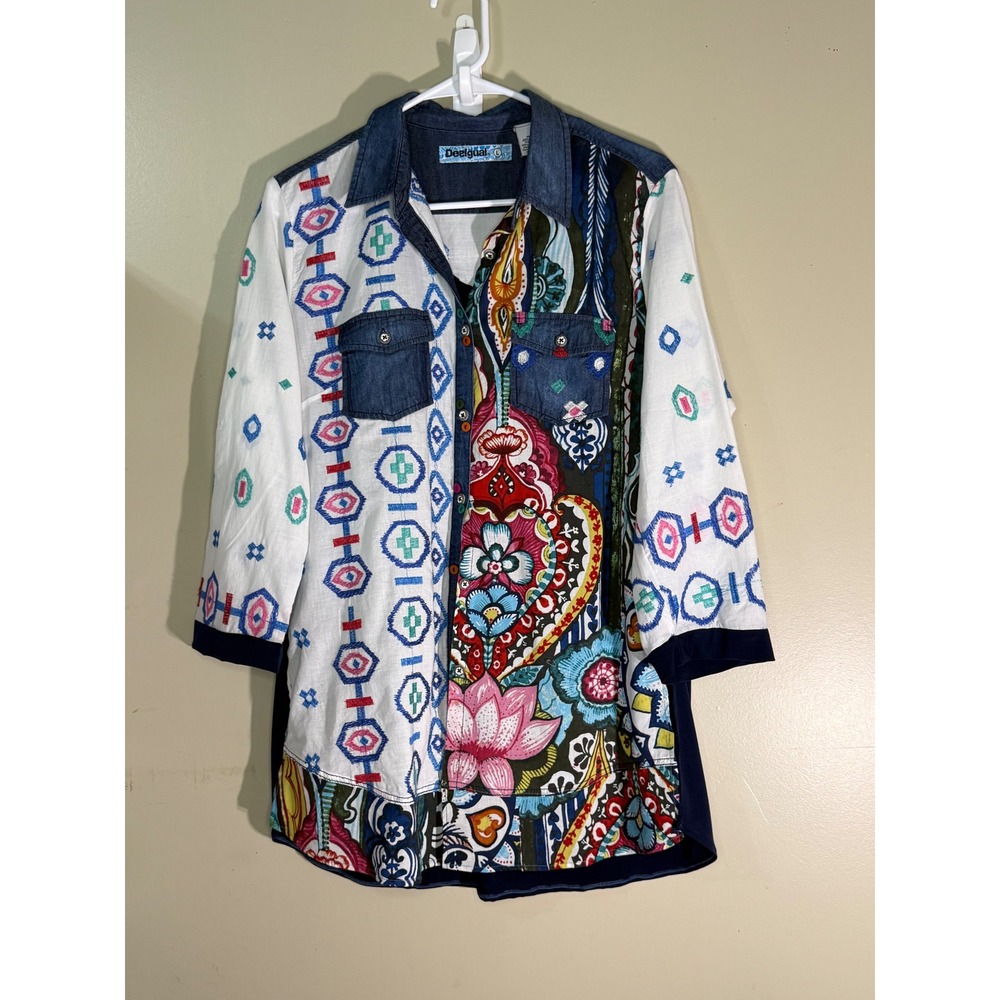 Desigual Hippie Mixed Media Patchwork Floral Denim Button Down Shirt Large